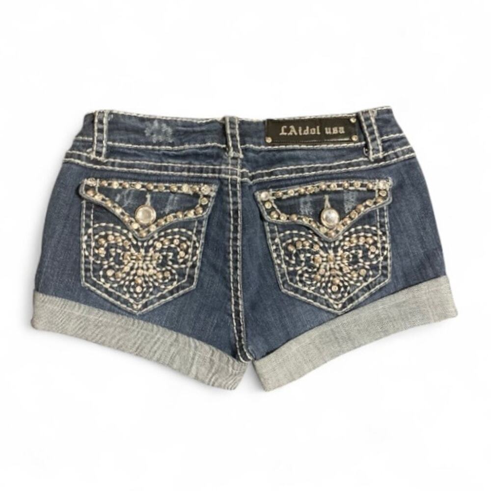 L.A. Idol Y2K Rhinestone Denim Mini Shorts Size 7 McBling Grunge